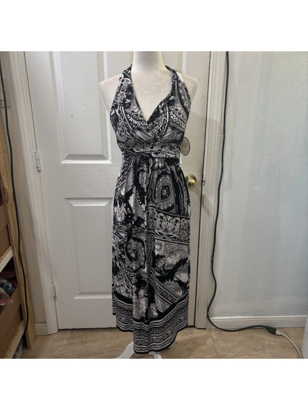 Soma Halter Midi Dress Paisley Scarf Hem Black White Size S
